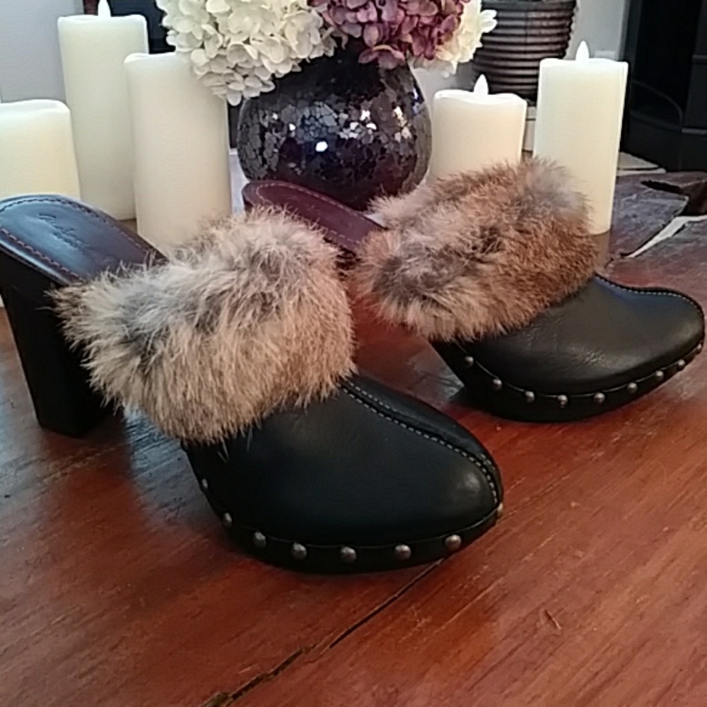 NEW Wood Clogs with Rabbit Fur Trim